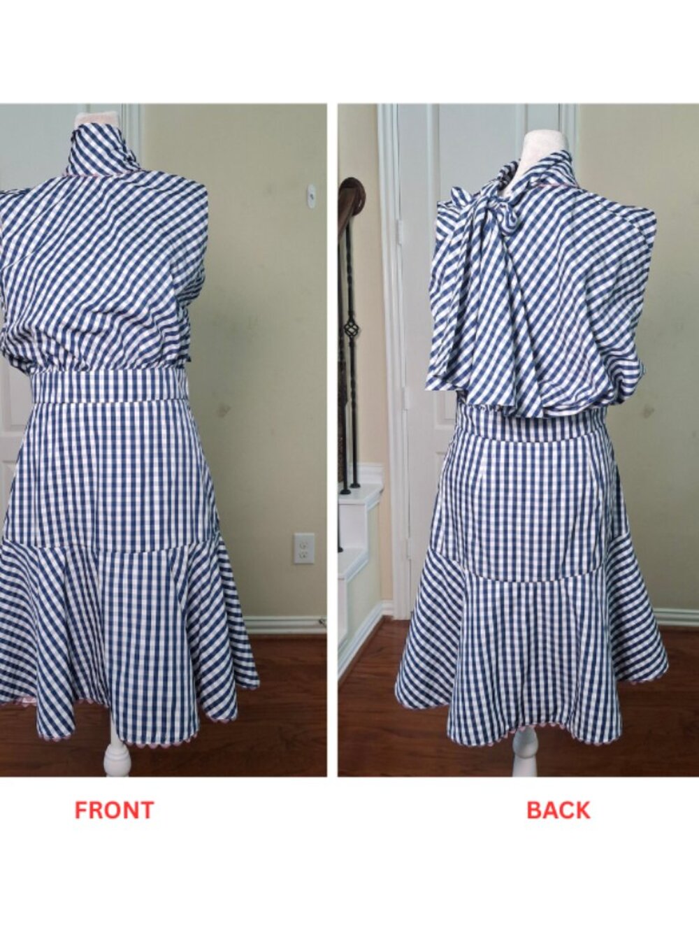 Tish Cox Gingham Flounce Hem Dress Blue White Women XS Halter Preppy